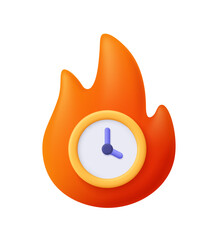 Orange fire flame with yellow clock inside. Deadline, pressure, urgency, fast delivery, burning time, productivity and limited offer concept. 3d vector icon. Cartoon minimal style.