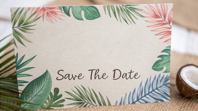 tropical wedding theme Save the date card featuring tropical leaves and a rustic background.