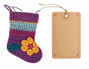 Knitted Purple Christmas Stocking with a Blank Brown Card on White