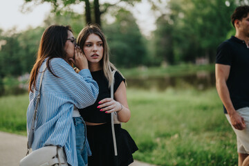 Two young friends are outdoors in a lush park, sharing secrets and spending a moment together while enjoying the natural environment, reflecting themes of friendship, communication, and leisure.