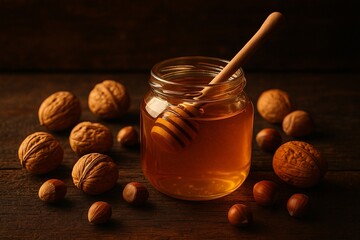 Jar of Honey with Walnuts and Hazelnuts