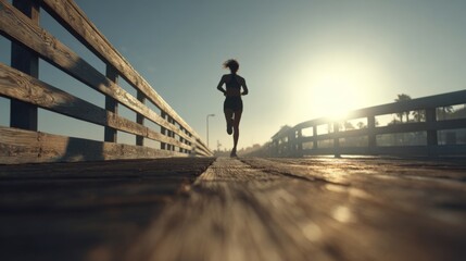 A fit young woman jogging along a wooden pier at sunrise, casting a long shadow in the warm glow of the morning sun.