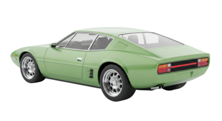 Isolated green sports car from the 1970s in a studio shot, clean presentation, detailed model