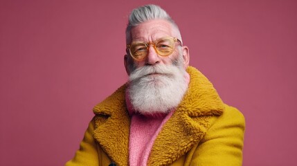 Stylish elderly man with a vibrant yellow coat and pink sweater, showcasing a joyful expression against a soft pink background, embodying modern fashion and confidence