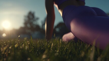 A fit woman in purple athletic wear stretches on dew-covered grass at sunset, embracing a peaceful outdoor workout.