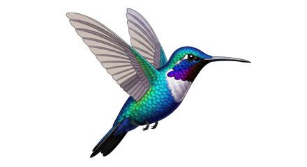 Isolated illustration of a colorful hummingbird in flight, showing vibrant plumage and graceful wings