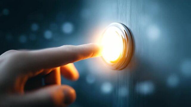 Macro close-up of doorbell button being pressed, polished chrome glowing under daylight, surface reflecting vividly.