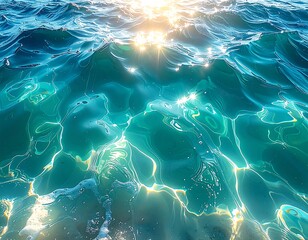Sunlight Shimmers on Turquoise Ocean Water Surface Ripples.