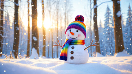 Obraz premium A colorful ambassador of joy greeting the dawn in a frosty pine woodland