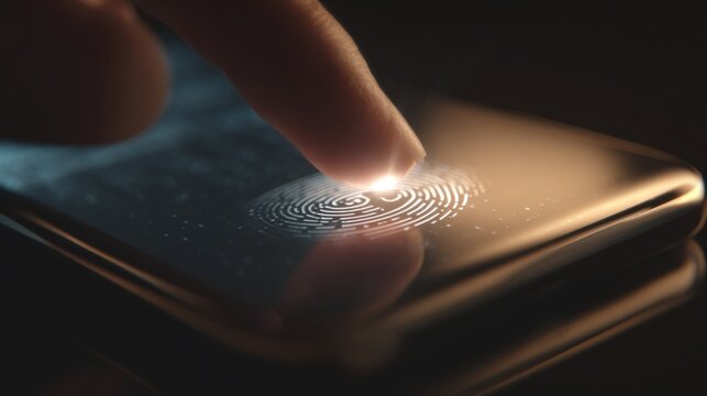 A close-up of a fingertip touching a smartphone screen, illuminating a fingerprint scanner in a modern and sleek design.