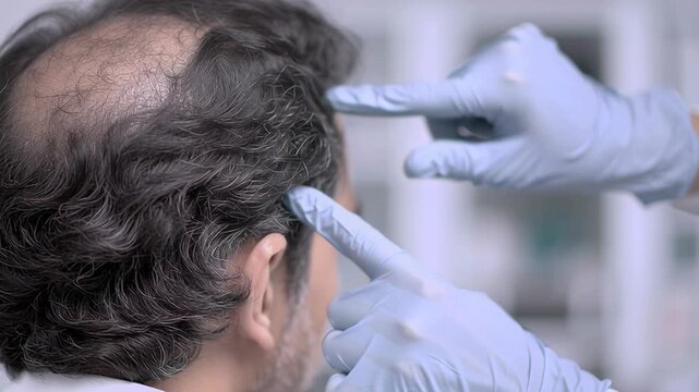 4k video of a hair transplant surgeon inspecting the patient.