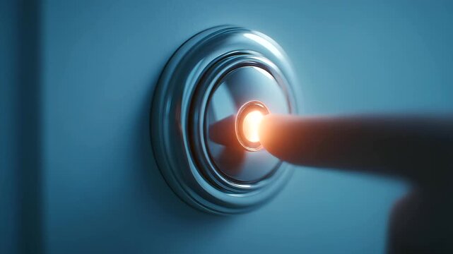 Macro close-up of doorbell button being pressed, polished chrome glowing under daylight, surface reflecting vividly.