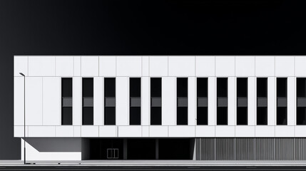 Fototapeta premium Modern minimalist office building facade with vertical windows and geometric symmetry in black and white