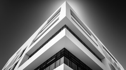 Obraz premium Contemporary minimalist building with sharp geometric architecture and glass facade in black and white