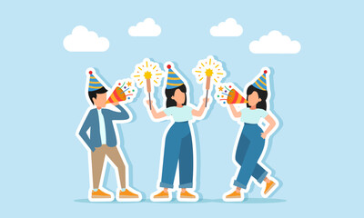 Man and woman in party hats blowing trumpets together near a woman holding fireworks illustration of appreciation for celebration or festive party