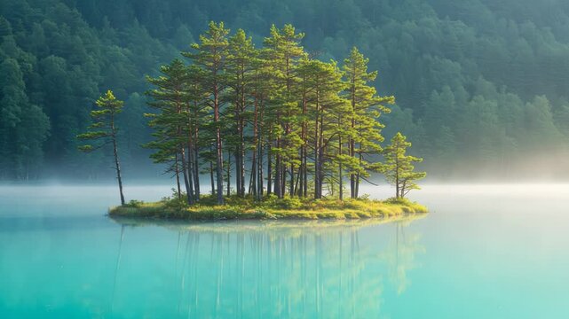 Misty morning light illuminates a small island covered in pine trees on a calm lake