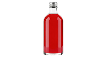 Isolated bottle of red syrup in the center of the frame, with an aluminum cap on top