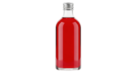 Isolated bottle of red syrup in the center of the frame, with an aluminum cap on top