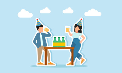Man and woman in party hats drinking together near a table with a bottle illustration of appreciation for celebration or festive party