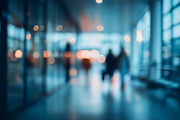 Fototapeta premium Blurred People Walking in Blue Modern Hallway with Bokeh, motion blur Business concept, motion bokeh background