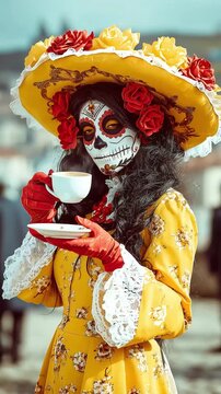 MUJER CATRINA TOMANDO CAFE