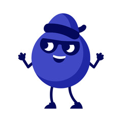Vector art of a playful cartoon blueberry character with sunglasses and a blue beanie, dancing and isolated a