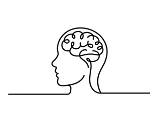 One Line Human Head with Brain Vector Illustration