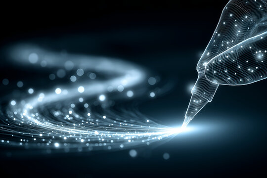 Glowing Wireframe Hand Holding Pen Creating Light Trail, motion blur Business concept, motion bokeh background