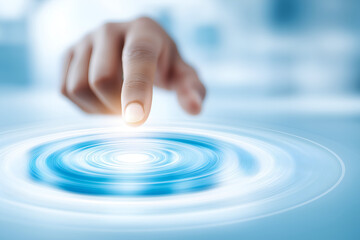 Hand Touching Abstract Blue Circular Pattern with Glowing Center, motion blur Business concept, motion bokeh background