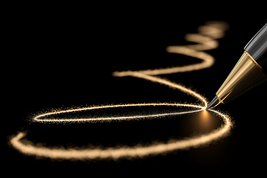Elegant Pen Drawing Golden Sparkling Line on Black Background, motion blur Business concept, motion bokeh background