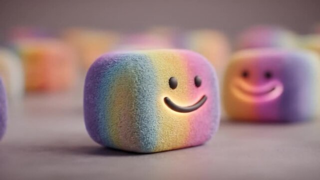 Smiling cube characters with gradient colors and soft focus