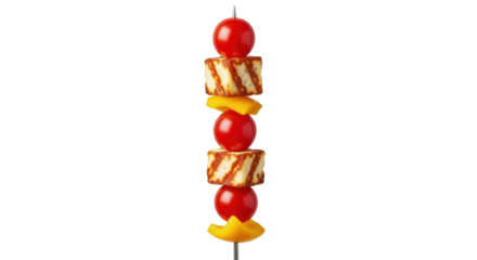 Isolated skewer with cherry tomatoes, halloumi cheese, and bell pepper - healthy food