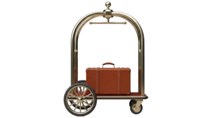 Isolated hotel bellhop luggage cart with a suitcase, porter trolley baggage carrier