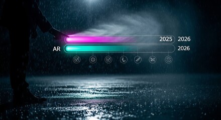 A futuristic loading bar with the years 2025 and 2026 displayed, set against a dark and rainy urban background isolated on transparent background