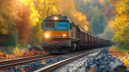 Fototapeta premium cargo train transports coal through scenic terrain at sunset with vibrant colors illuminating the landscape