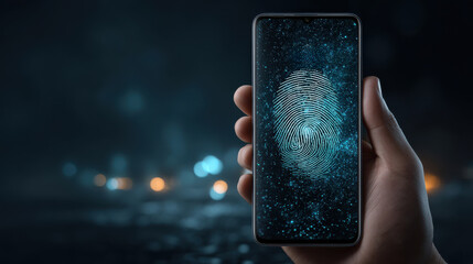 Realistic smartphone displaying fingerprint scan on screen, showcasing advanced technology and security features