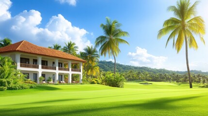 A golf cart is prominently featured on a lush green golf course, surrounded by gentle hills under a bright sky, indicating a perfect afternoon for golfing.