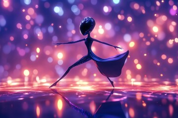 A mesmerizing silhouette of a futuristic alien dancing gracefully, set against a vibrant bokeh backdrop filled with colorful lights, creating an enchanting atmosphere.