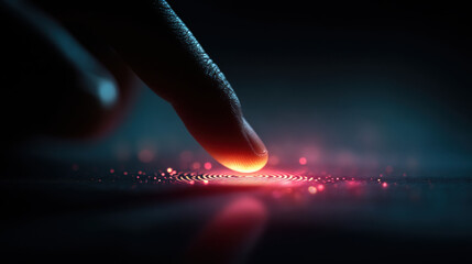 Macro shot of finger hovering above glowing surface, creating mesmerizing light effect. scene evokes sense of wonder and curiosity
