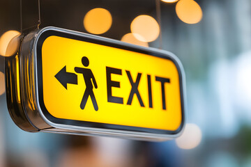 Bright Yellow Exit Sign with Arrow in Modern Interior, motion blur Business concept, motion bokeh background