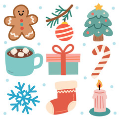 Christmas Elements Set in Cute Flat Style for Winter Holiday