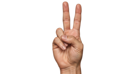 Isolated hand gesture with two fingers raised, signifying victory, peace or number two