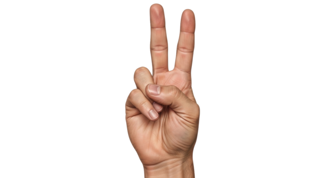 Isolated hand gesture with two fingers raised, signifying victory, peace or number two