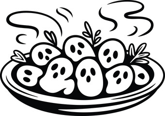 Vector art of spooky ghost shaped food on plate.