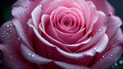 Close up of blooming pink rose with water droplets symbolizing freshness and beauty
