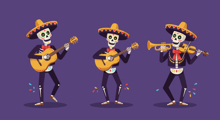 Three joyful skeleton musicians, playing traditional instruments, bring a festive spirit to life in this dynamic flat design illustration. 