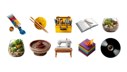 Creative hobby and leisure activities collection featuring painting, sewing, cooking, crafting, and music tools in a flat design for relaxing creativity