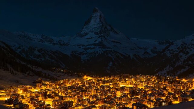 Matterhorn mountain illuminated at dusk with zermatt village lights glowing
