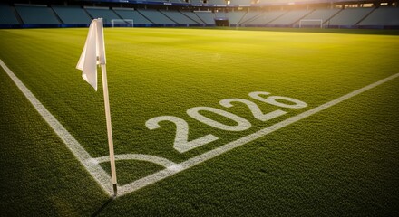 A vibrant soccer field corner with the year 2026 painted on the grass, symbolizing the upcoming world cup event in north america isolated on transparent background
