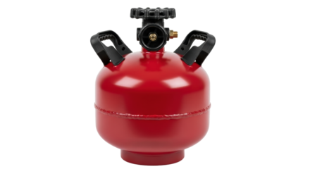Isolated red propane tank for camping or grilling with black handles, dial, and cap on top